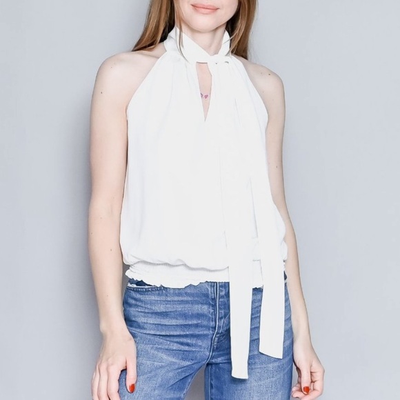 Amanda Uprichard Sleeveless Blouse Tie Neck Smocked Hem Small Off White - Picture 2 of 7
